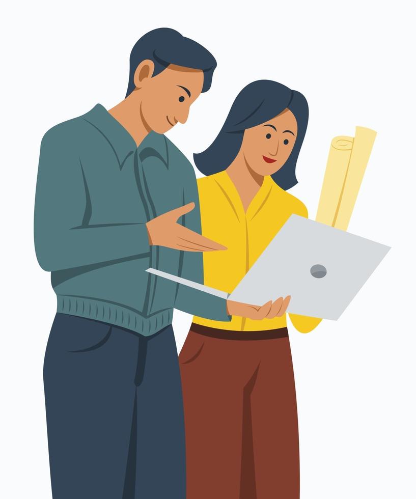 le travailleur homme et femme regarde un ordinateur portable pour la collaboration vecteur