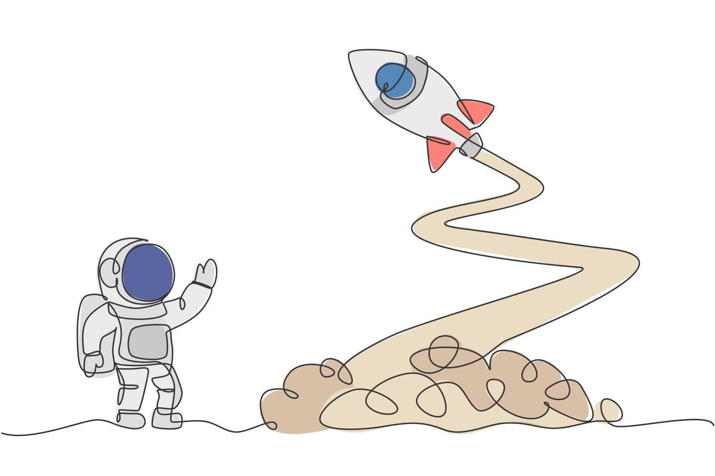 un dessin au trait continu de la science des astronautes de l'espace sur la lune, agitant la main pour lancer la fusée. exploration du cosmonaute du concept de l'espace extra-atmosphérique. illustration vectorielle de dessin dynamique à une seule ligne vecteur