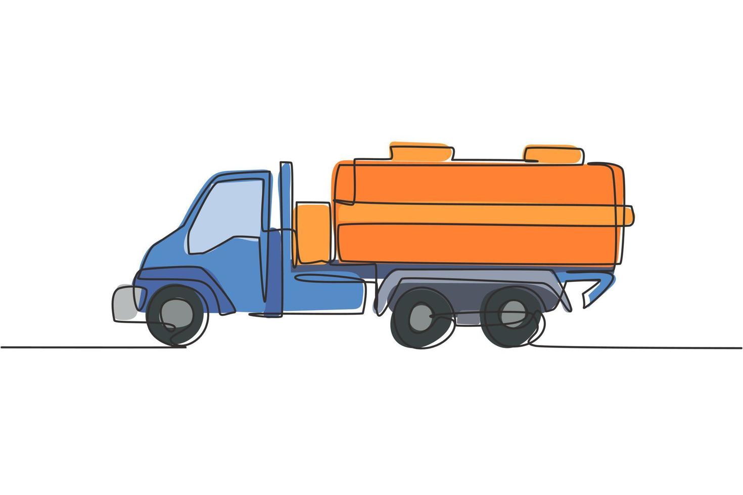 dessin au trait continu unique d'un camion-citerne pour la livraison d'essence à la station-service. concept d'équipement de machines de conteneur diesel lourd. Une ligne à la mode dessiner illustration vectorielle design graphique vecteur