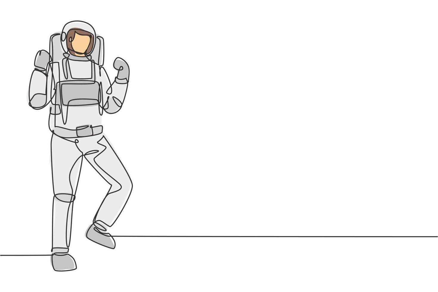Un astronaute de dessin en ligne continue unique se tient debout avec un geste de célébration portant une combinaison spatiale explorant la terre, la lune et d'autres planètes de l'univers. Une ligne dynamique dessiner illustration vectorielle de conception graphique vecteur