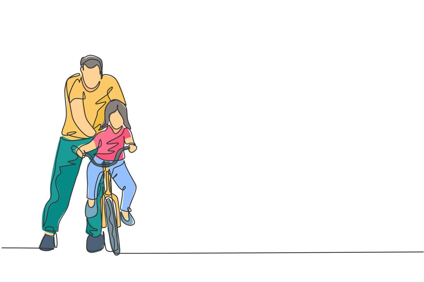 dessin au trait continu unique d'une jeune fille apprenant à faire du vélo avec son père dans un parc extérieur. leçon de parentalité. concept de temps en famille. illustration graphique de vecteur de conception de dessin d'une ligne à la mode