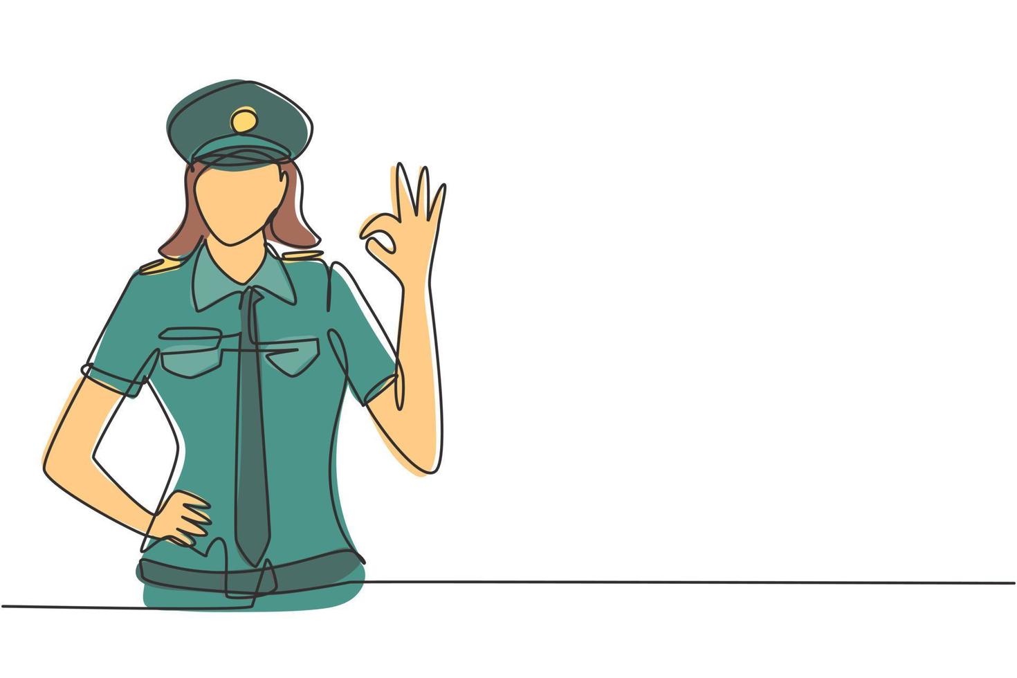 Dessin au trait continu simple femme pilote avec geste d'accord et uniforme prêt à voler avec le personnel de cabine dans les avions à l'aéroport international. Une ligne dynamique dessiner illustration vectorielle de conception graphique vecteur