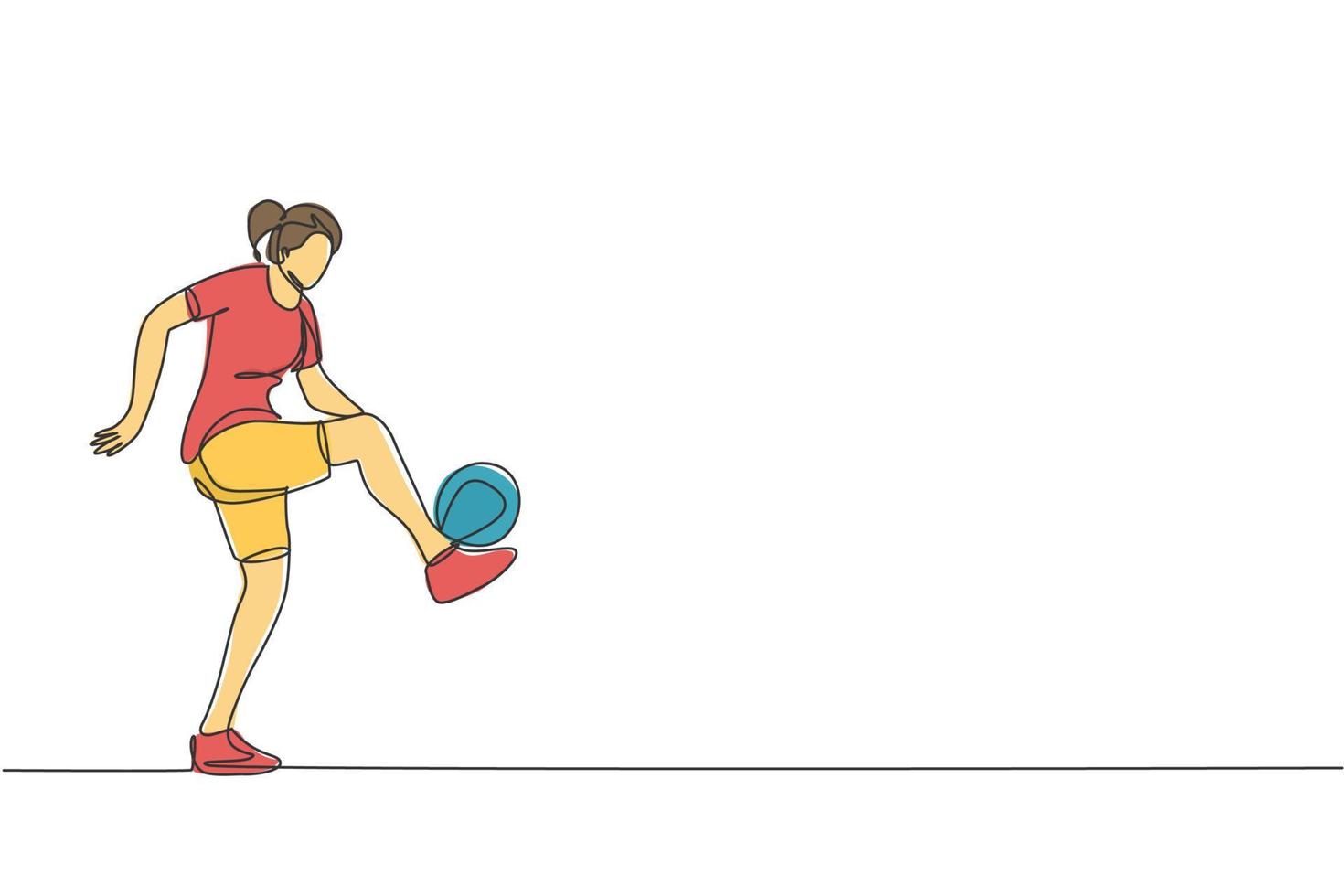 un dessin en ligne continu d'une jeune femme sportive joueur de freestyler de football s'entraînant à jongler avec le ballon dans la rue. concept de sport de style libre de football. illustration vectorielle de dessin dynamique à une seule ligne vecteur