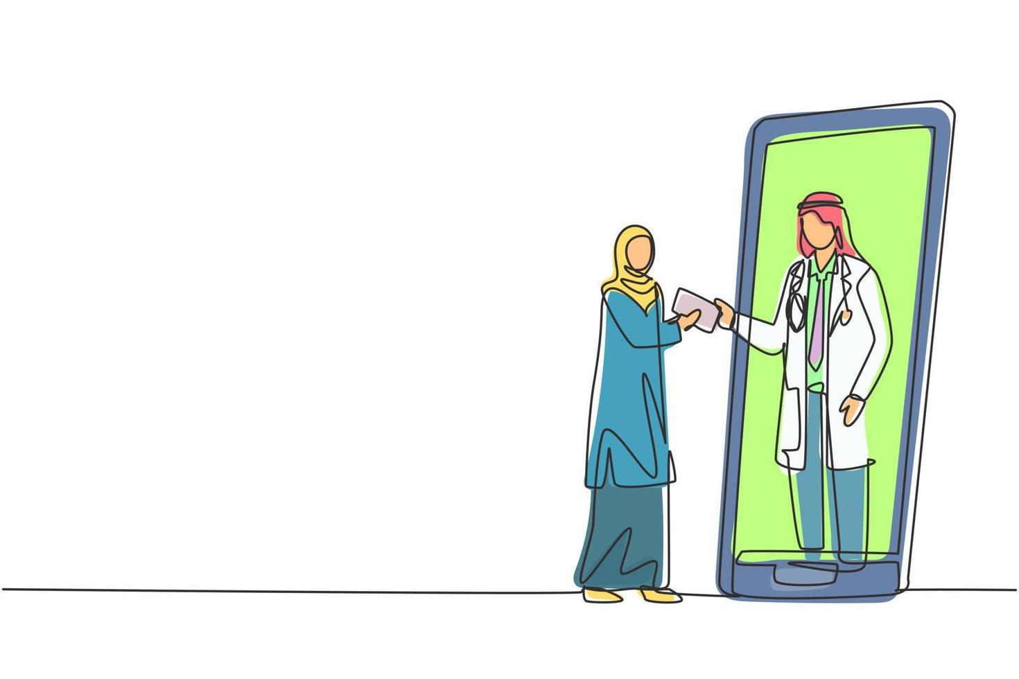 dessin continu d'une ligne patiente arabe recevant une ordonnance d'un médecin de sexe masculin dans un smartphone. concept de consultation médicale en ligne. illustration graphique de vecteur de conception de dessin à une seule ligne