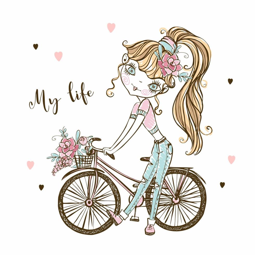 une jolie adolescente à la mode avec un vélo. ma vie. vecteur. vecteur