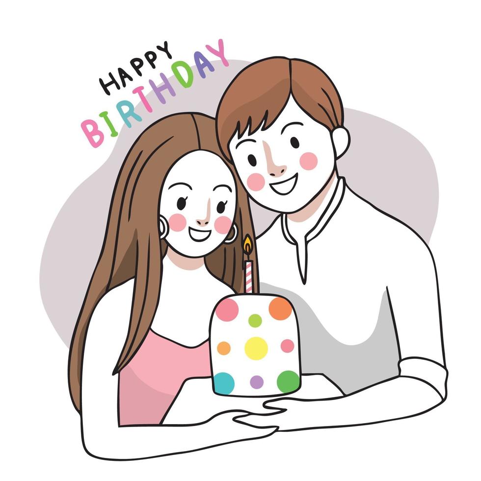 couple de joyeux anniversaire et main de gâteau sucré dessiner vecteur mignon de dessin animé.