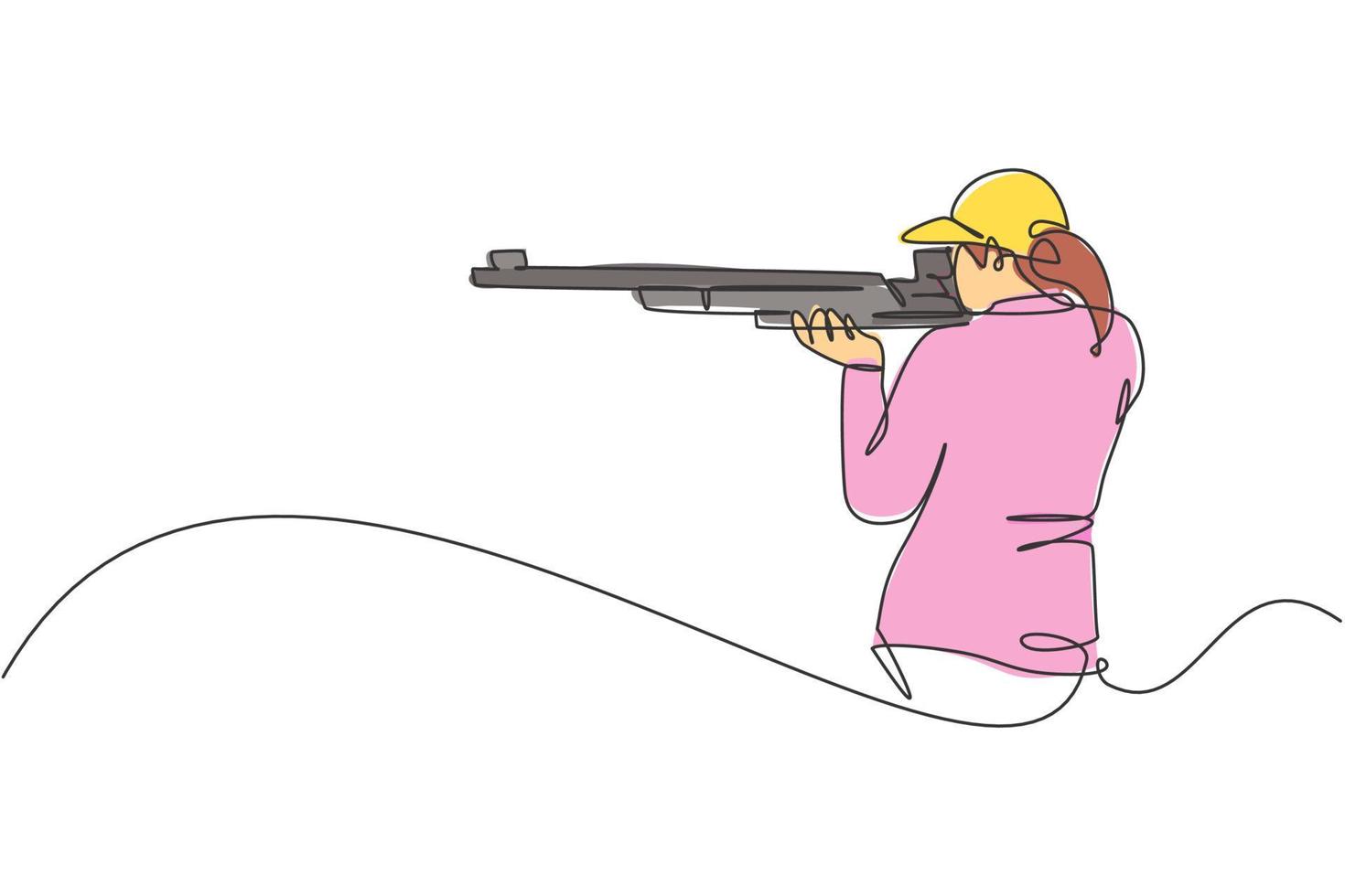 dessin en ligne continue unique d'une jeune athlète femme tireur tenant un pistolet et s'entraînant pour viser le tir tactique cible. concept d'entraînement sportif de tir. illustration vectorielle de conception de dessin à une ligne à la mode vecteur