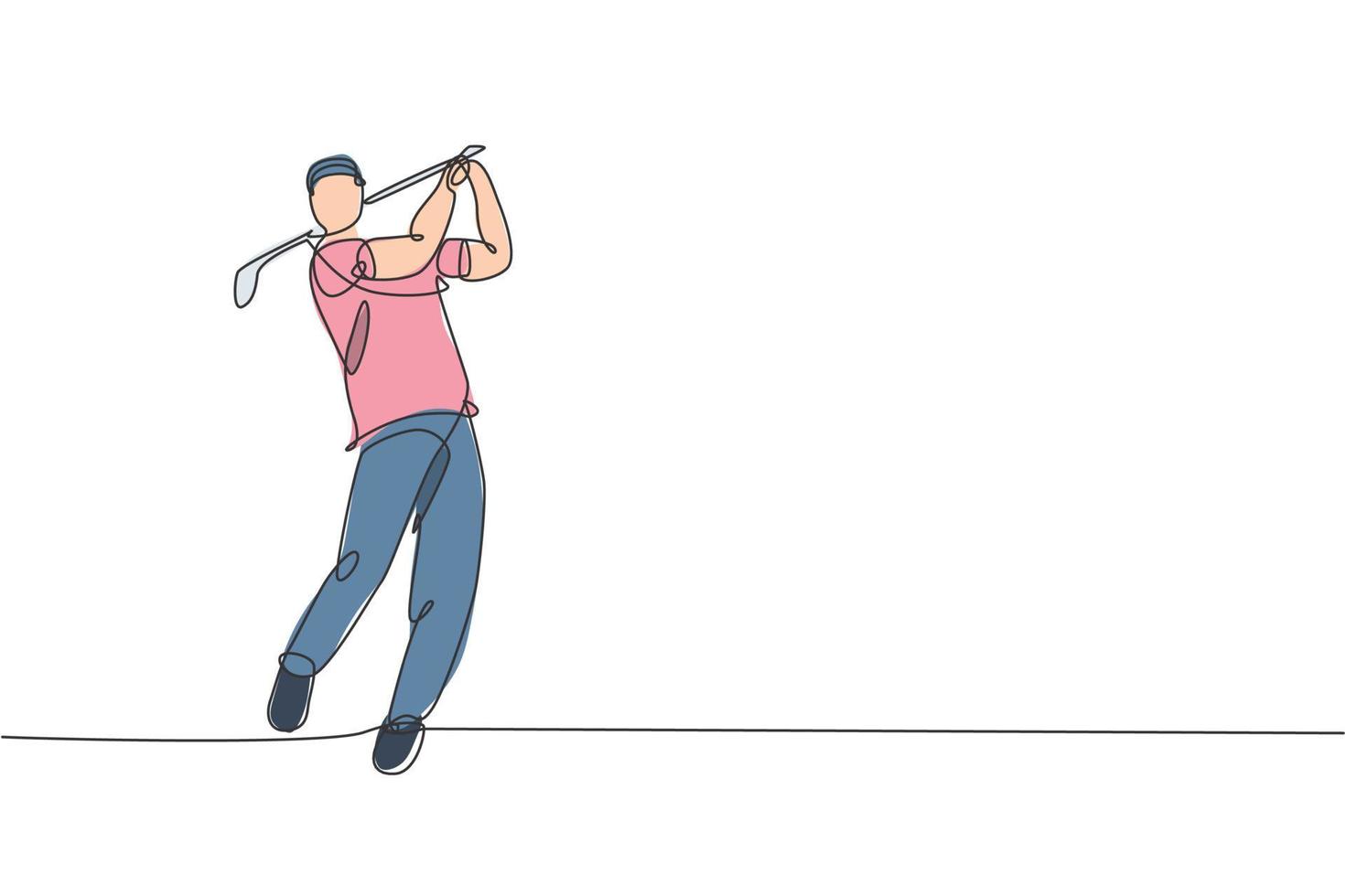 dessin en ligne continue d'un jeune joueur de golf heureux balancer le club de golf pour frapper la balle. concept de sport passe-temps. illustration vectorielle de dessin à la mode à une ligne pour les médias de promotion de tournoi de golf vecteur