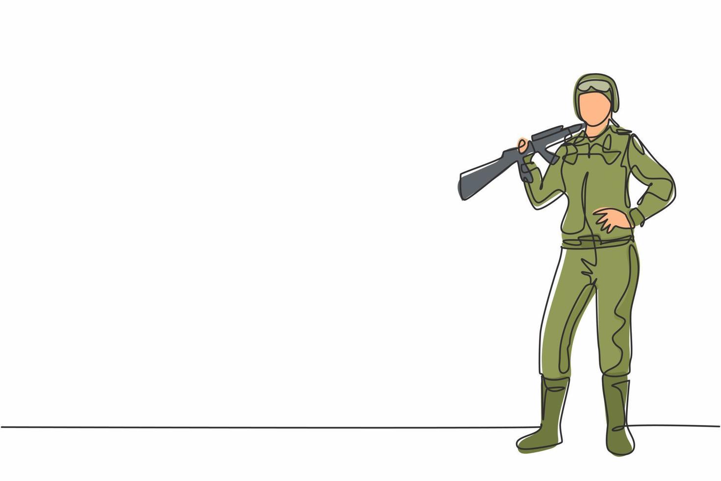 dessin d'une seule ligne jeune femme soldat debout et pose avec les mains sur la hanche. profession de travail professionnel et concept minimal d'occupation. illustration vectorielle graphique de conception de dessin de ligne continue vecteur