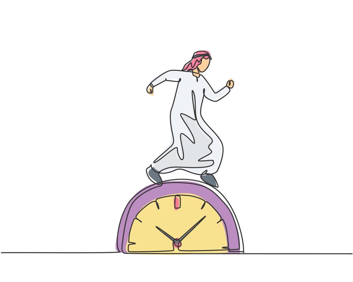 dessin continu d'une ligne jeune travailleur arabe marchant sur la grande horloge analogique. concept de date limite d'entreprise de métaphore de minimalisme. illustration graphique de vecteur de conception de dessin à une seule ligne.