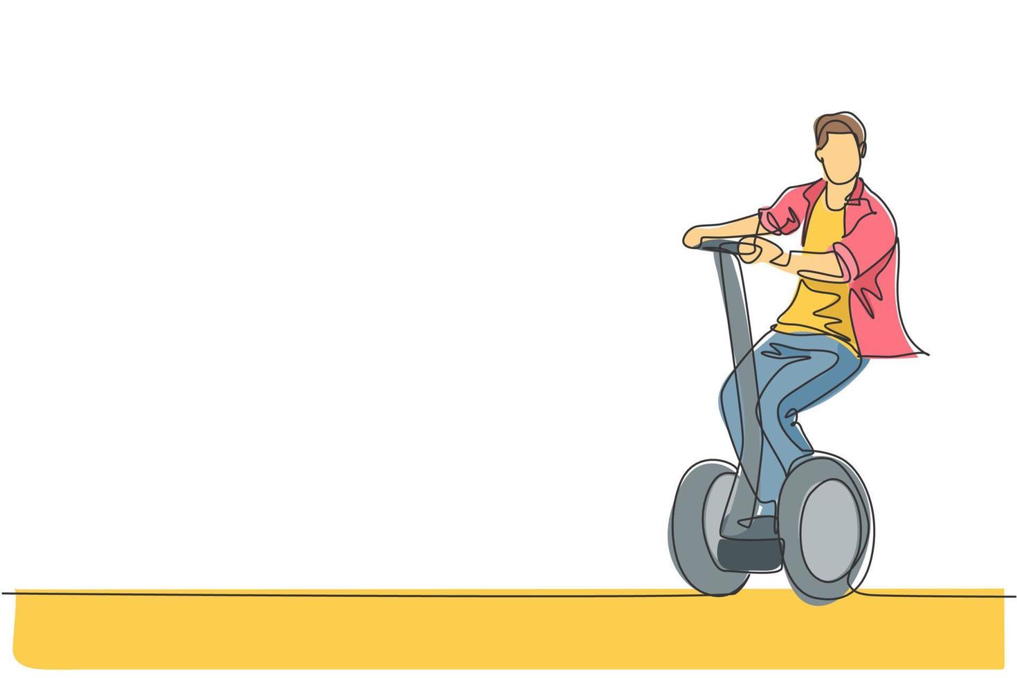 dessin au trait continu unique d'un jeune homme heureux chevauchant un scooter électrique dans un espace public. transport respectueux de l'environnement. concept de mode de vie urbain. illustration vectorielle de conception de dessin à la mode une ligne vecteur