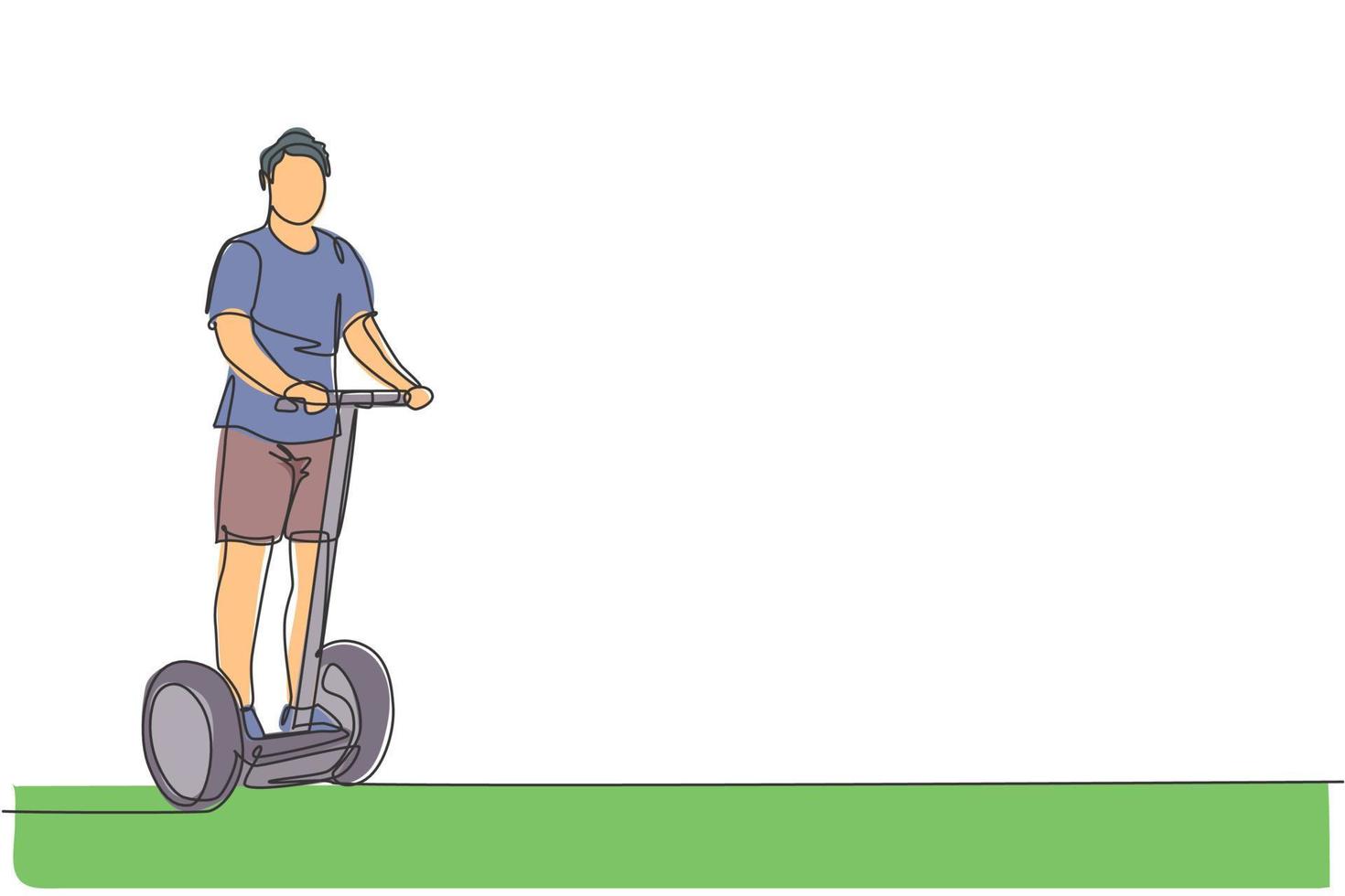 un dessin au trait continu d'un jeune homme heureux en trottinette électrique dans un parc extérieur. transports verts. futur concept de mode de vie urbain. illustration vectorielle de dessin dynamique à une seule ligne vecteur