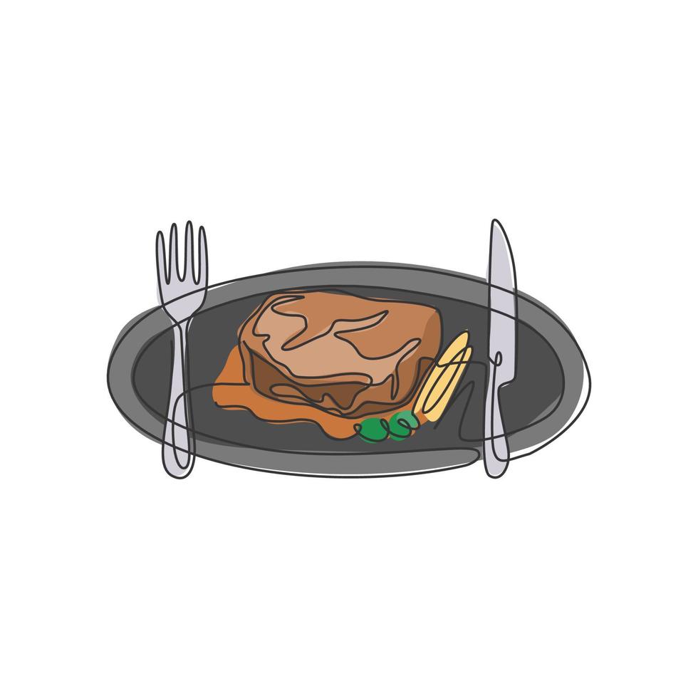 dessin en ligne continue d'un steak de romarin stylisé sur une assiette avec un couteau et une fourchette. concept de logo de restaurant de steak. illustration graphique vectorielle de conception de dessin à une ligne moderne vecteur