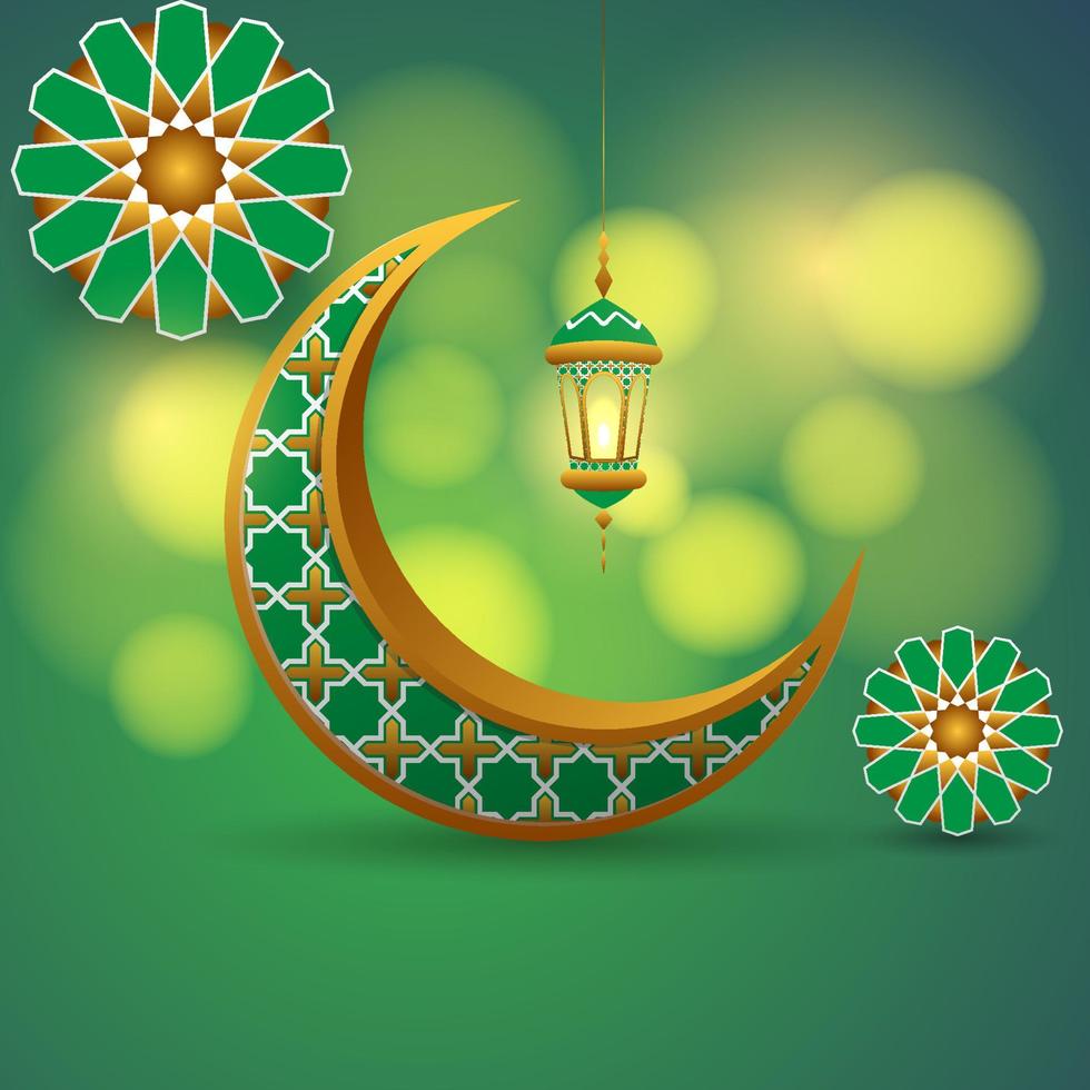 islamique Contexte dans vert et or Couleur avec réaliste croissant, lanterne et mandala sur brouiller bokeh arrière-plan, vecteur illustration