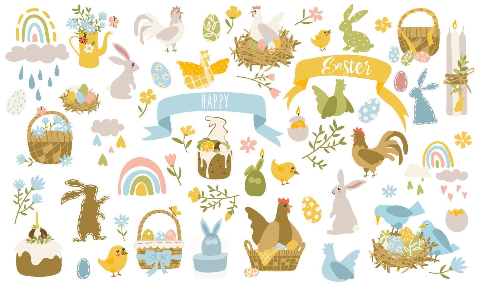 Pâques mignonne lapin avec une ensemble de coloré des œufs et divers peu choses. une charmant Pâques lapin avec traditionnel de fête décor et calligraphique les inscriptions. vecteur