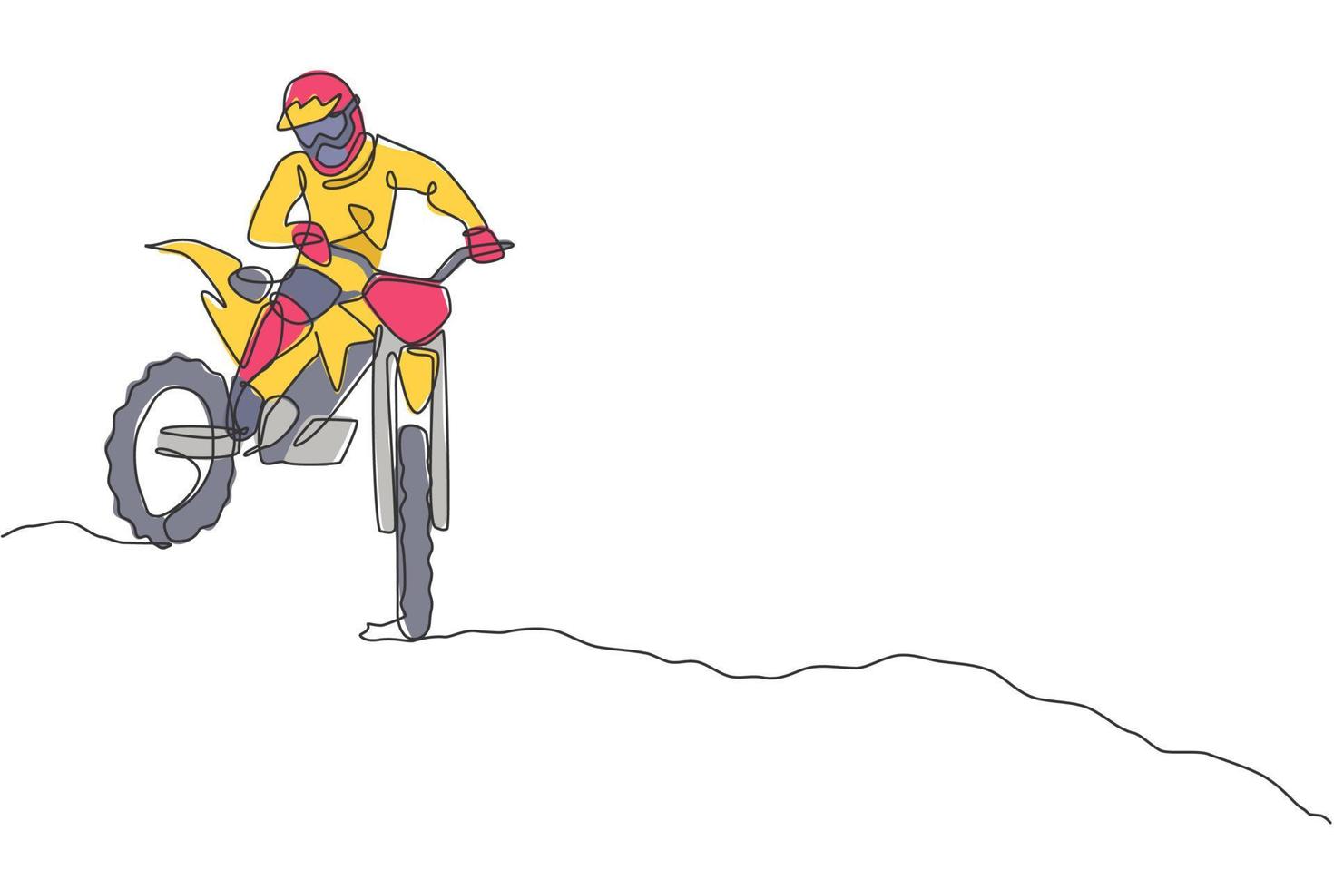 dessin en ligne continue d'un jeune pilote de motocross en bas de la colline à pleine vitesse. illustration vectorielle d'art de concept de course de sport extrême. conception à la mode d'une ligne pour les médias de promotion d'événements de motocross vecteur