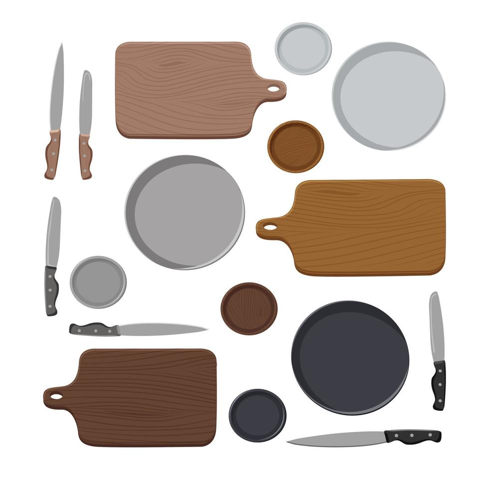 Naturel ensemble de différent en bois Coupe conseil, céramique assiettes et cuisine des couteaux sur blanc Contexte. isolé plat vecteur illustration dans Naturel couleurs. Haut voir. vecteur plat autocollants