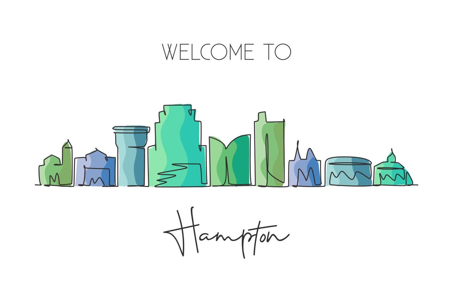 un seul dessin sur les toits de la ville de Hampton, en Virginie. paysage de ville historique du monde. meilleure impression de carte postale de destination de vacances. trait modifiable tendance ligne continue dessiner illustration vectorielle de conception vecteur