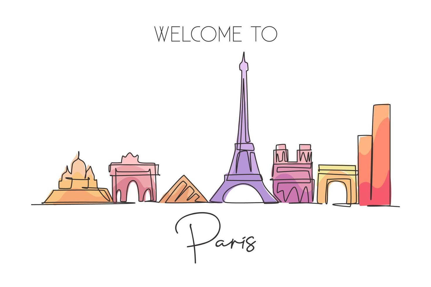 dessin en ligne continue unique des toits de la ville de paris, france. paysage de gratte-ciel célèbre dans le monde. concept d'art d'impression d'affiche de décor de mur de voyage du monde. illustration vectorielle de dessin à une ligne moderne vecteur