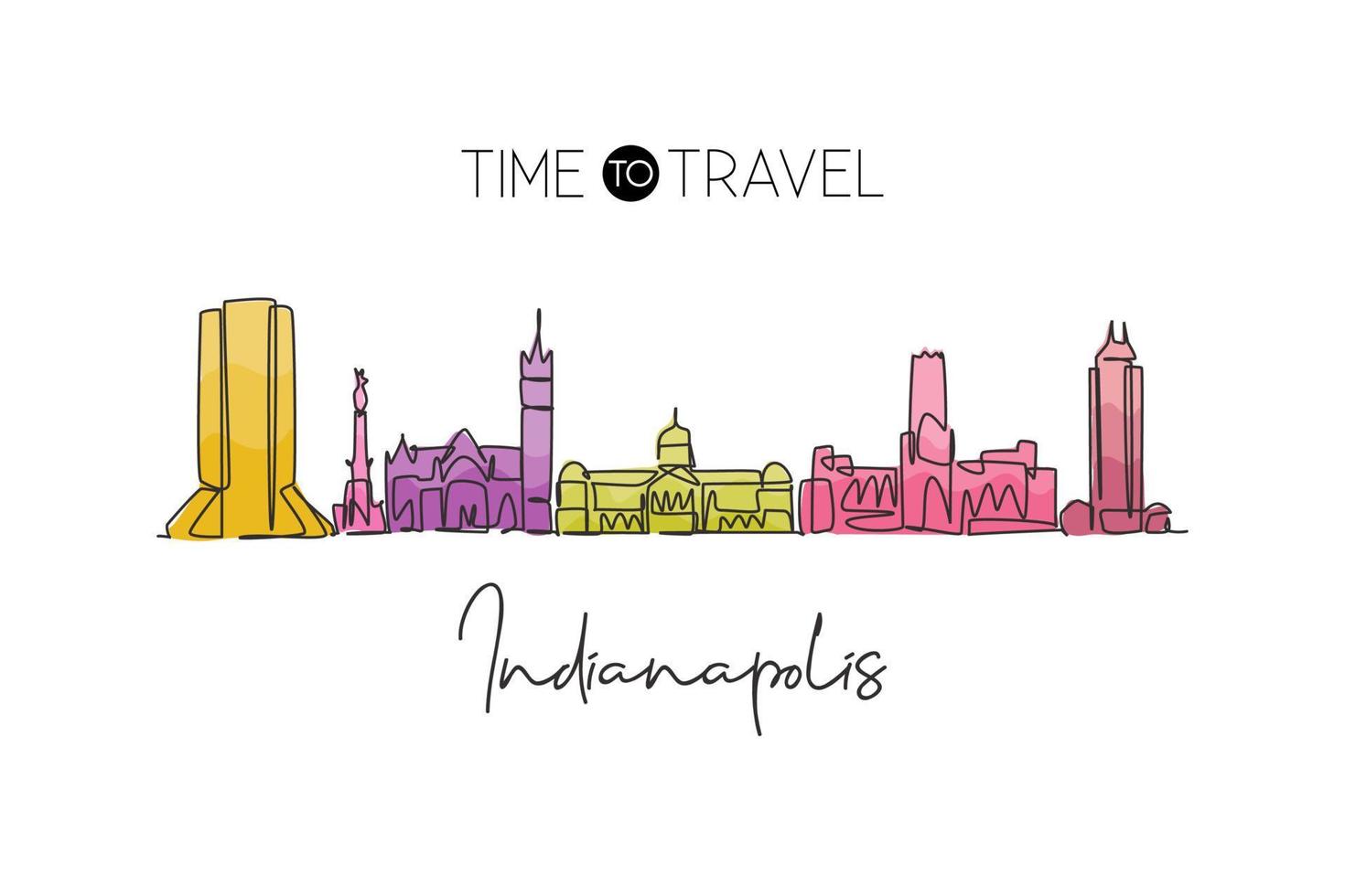 dessin en ligne continue unique de l'horizon de la ville d'indianapolis, états-unis. célèbre grattoir et paysage de la ville. concept de voyage dans le monde impression d'affiche de décoration murale à la maison. illustration vectorielle de dessin à une ligne moderne vecteur