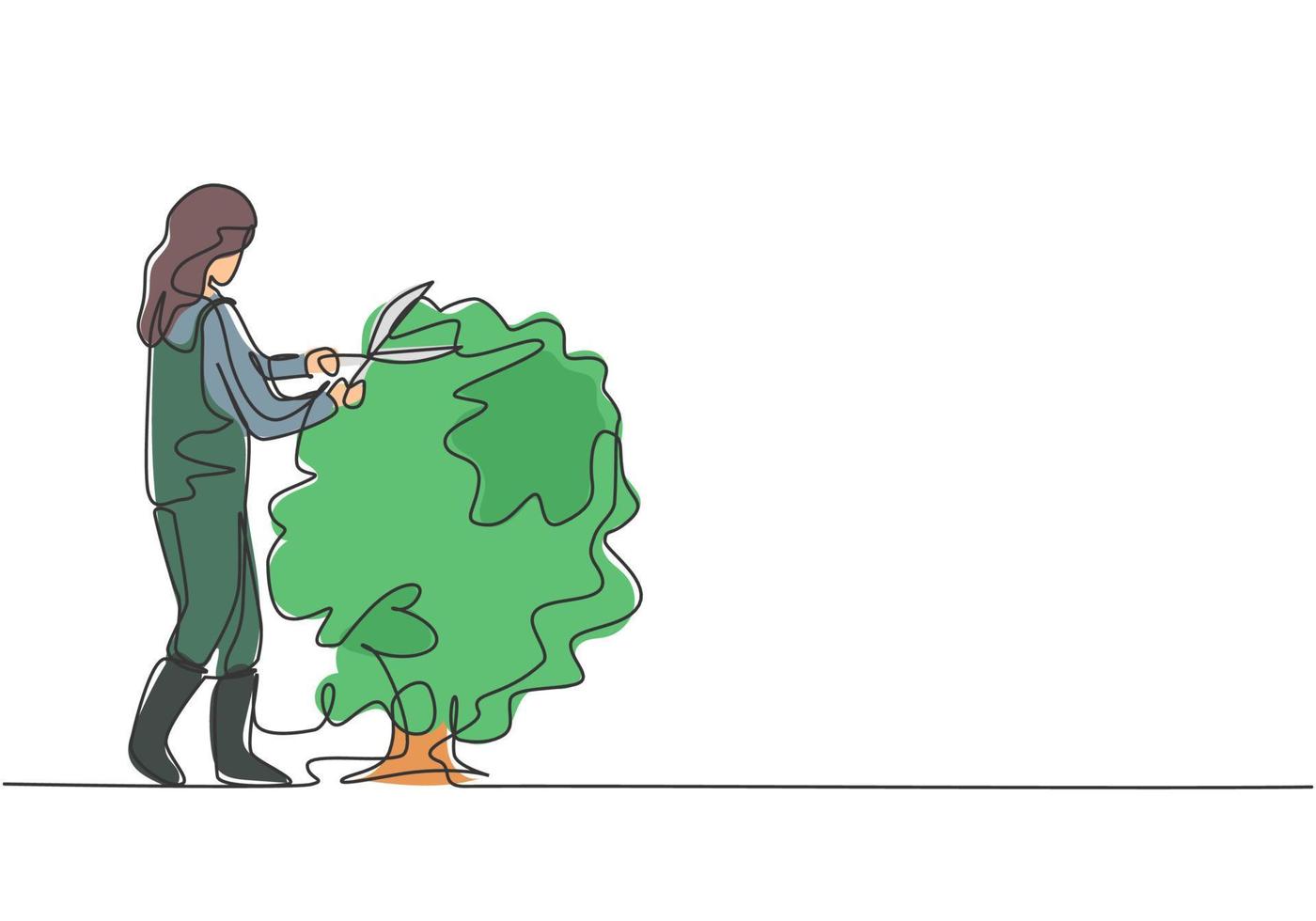 dessin continu d'une ligne une jeune agricultrice a coupé les feuilles de l'arbre à l'aide de ciseaux à plantes. concept minimaliste de défi agricole. illustration graphique de vecteur de conception de dessin à une seule ligne.