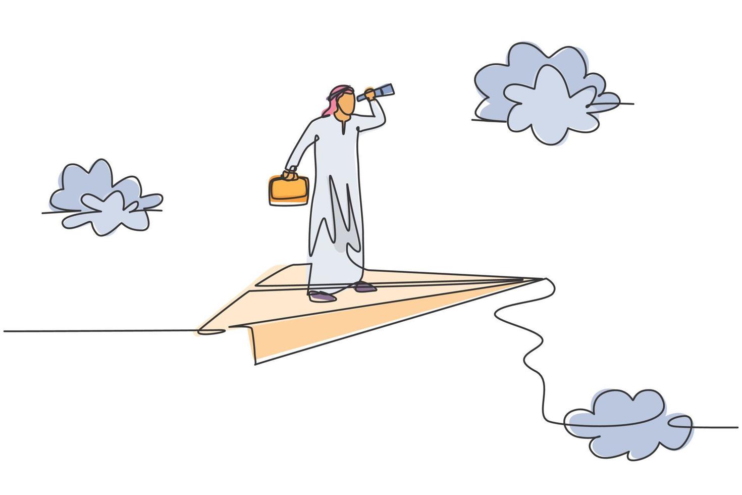 dessin continu d'une ligne jeune travailleur arabe analysant le marché sur un avion en papier volant. concept de métaphore minimaliste de gestionnaire d'entreprise de succès. illustration graphique de vecteur de conception de dessin à une seule ligne