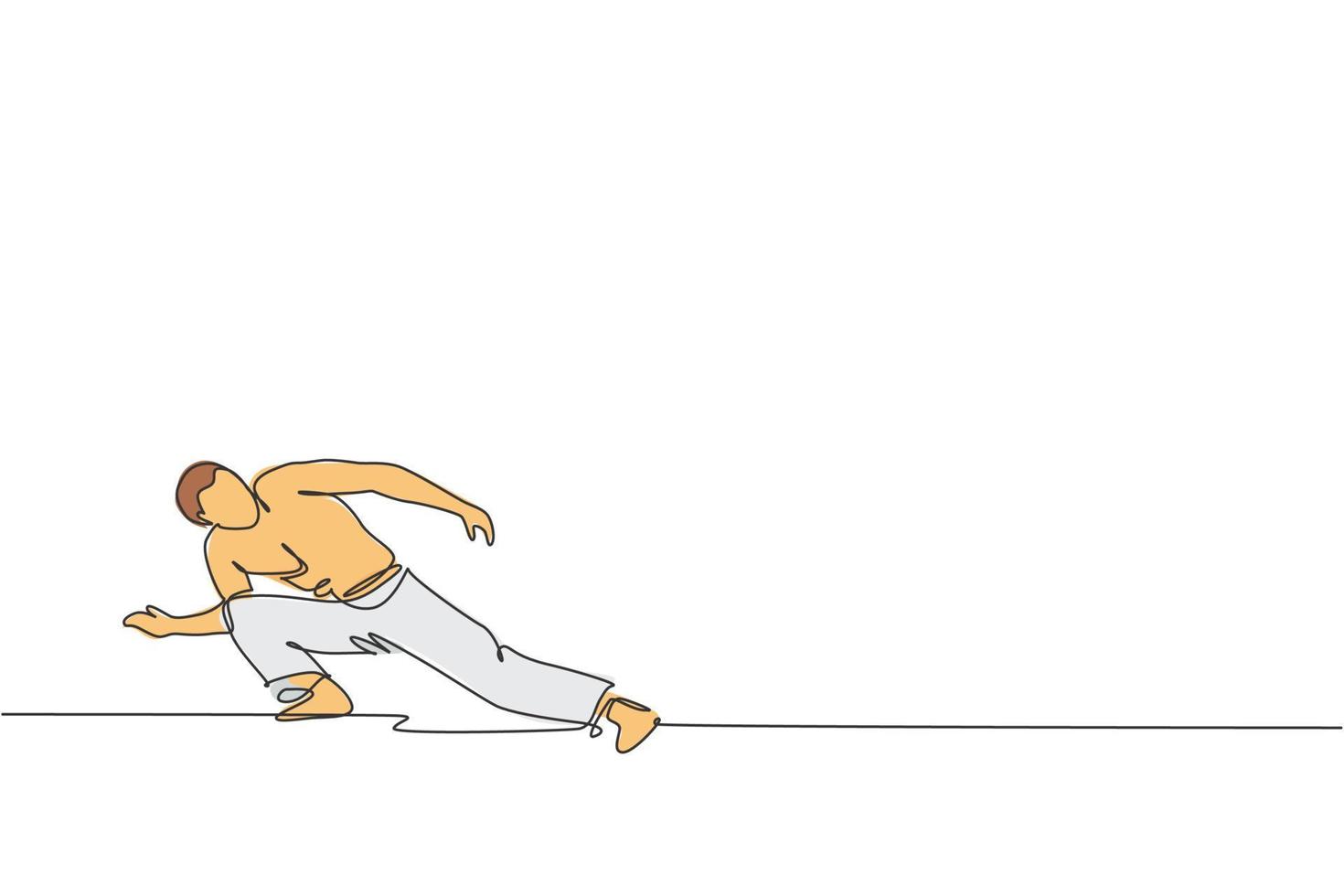 dessin en ligne continue d'un jeune homme sportif pratique la danse de mouvement de capoeira brésilienne dans la rue extérieure. concept d'art martial et de sport de culture. illustration vectorielle de conception de dessin à une ligne à la mode vecteur