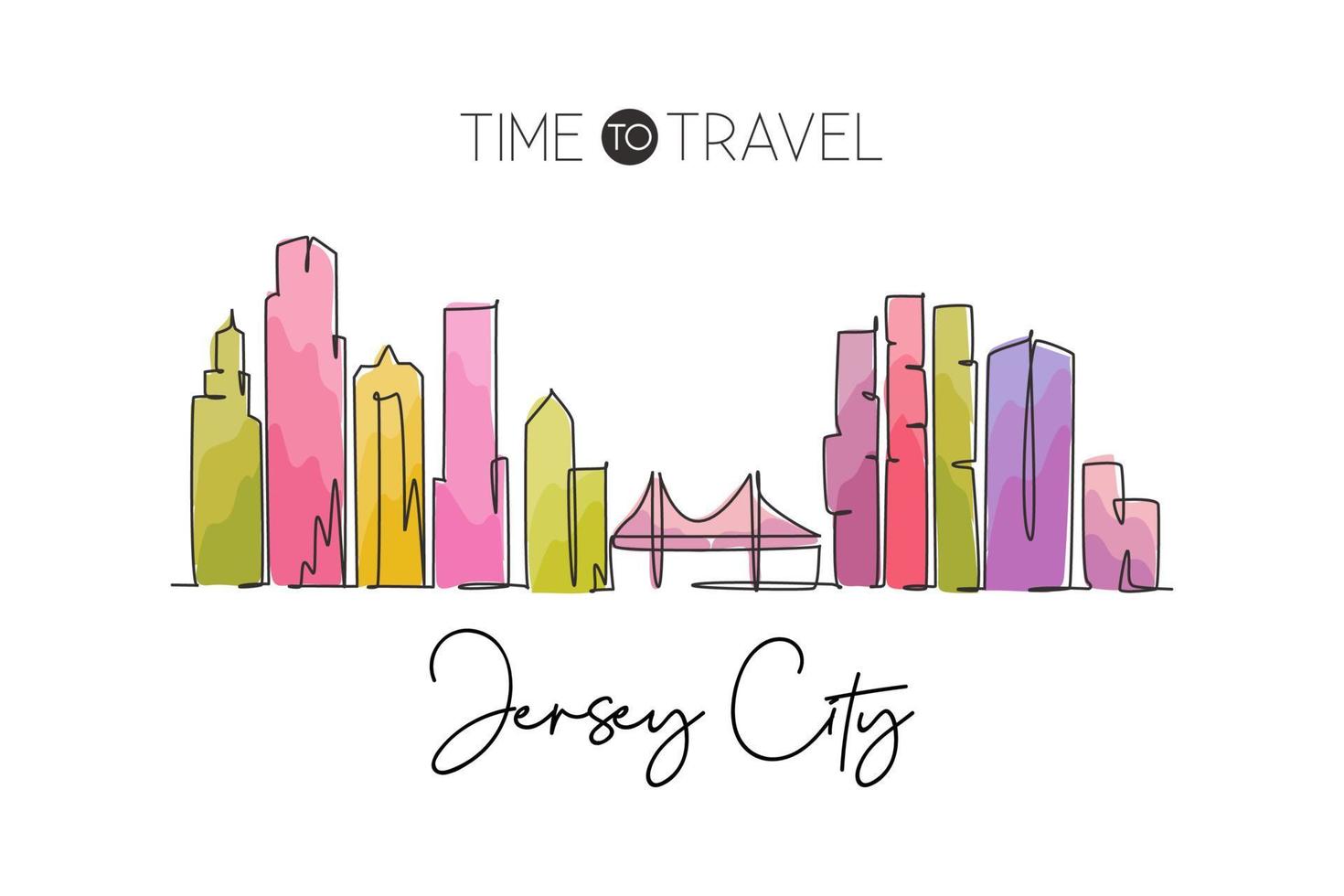 un dessin d'une seule ligne de l'horizon de la ville de jersey, new jersey. paysage de ville historique dans le monde. meilleure destination de vacances. trait modifiable ligne continue à la mode dessiner illustration vectorielle de conception vecteur