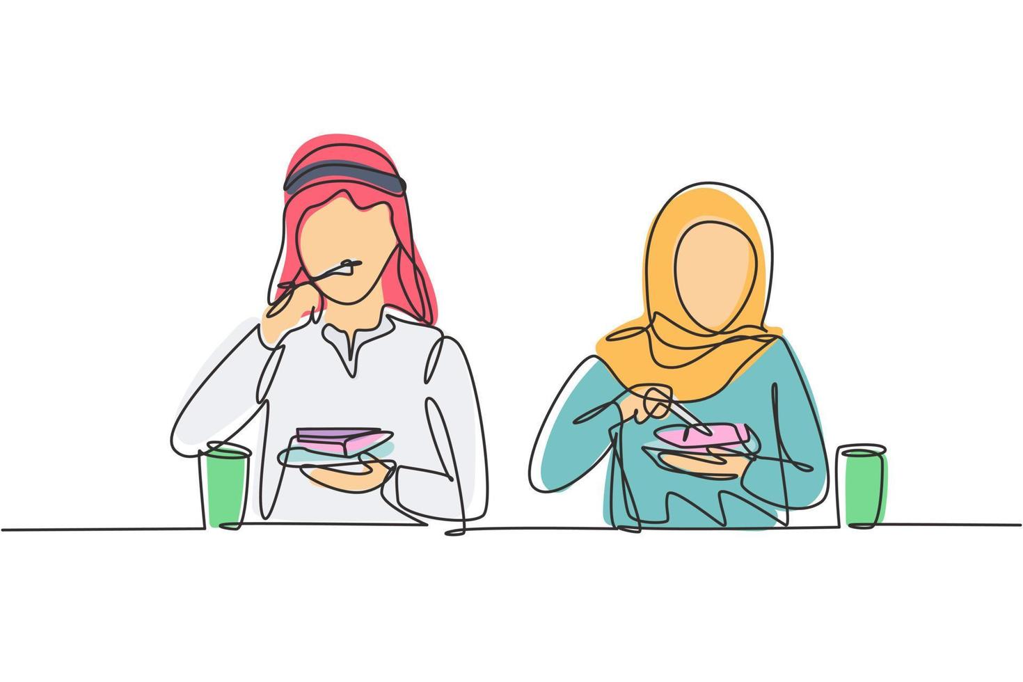 dessin au trait continu simple jeune couple arabe mari et femme prenant un repas autour de la table. célébrer l'anniversaire de mariage avec un dîner romantique. Une ligne dynamique dessiner illustration vectorielle de conception graphique vecteur