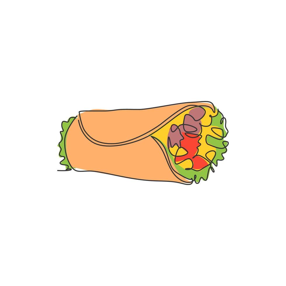 un seul dessin au trait d'illustration vectorielle du logo de la boutique de burritos mexicains en ligne épicés frais et chauds. menu de restauration rapide de la rue mexique et concept d'insigne de restaurant. logotype de conception de dessin en ligne continue moderne vecteur