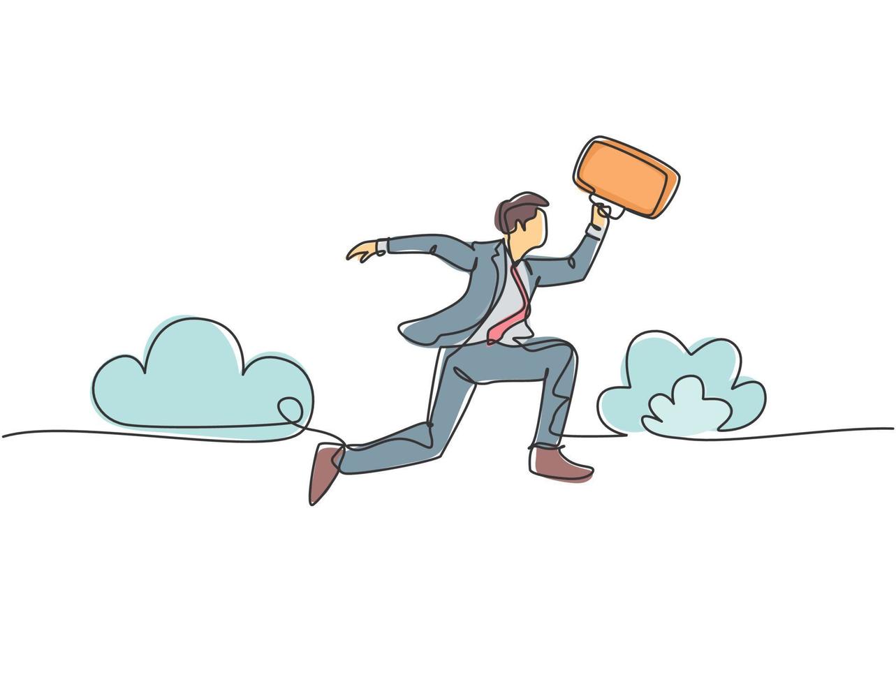 un dessin au trait d'un jeune homme d'affaires heureux et énergique portant une mallette sautant par-dessus le nuage. concept d'agilité commerciale. illustration vectorielle de ligne continue dessiner conception vecteur