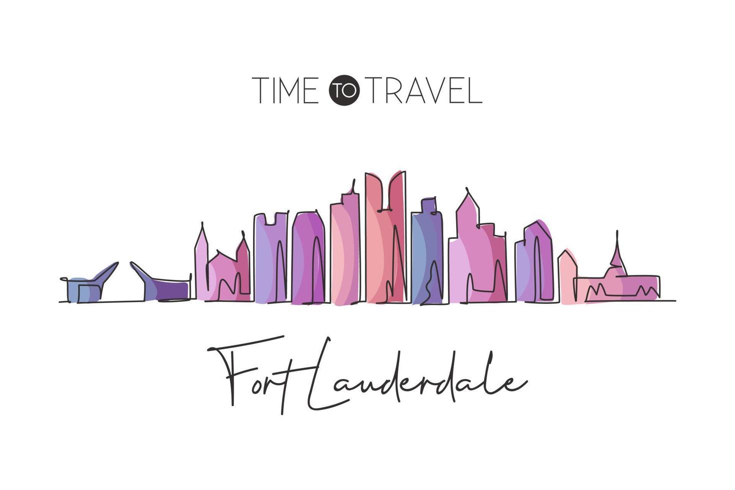 un seul dessin au trait fort lauderdale city skyline florida. paysage de ville historique du monde. meilleure carte postale de destination de vacances. trait modifiable tendance ligne continue dessiner illustration vectorielle de conception vecteur