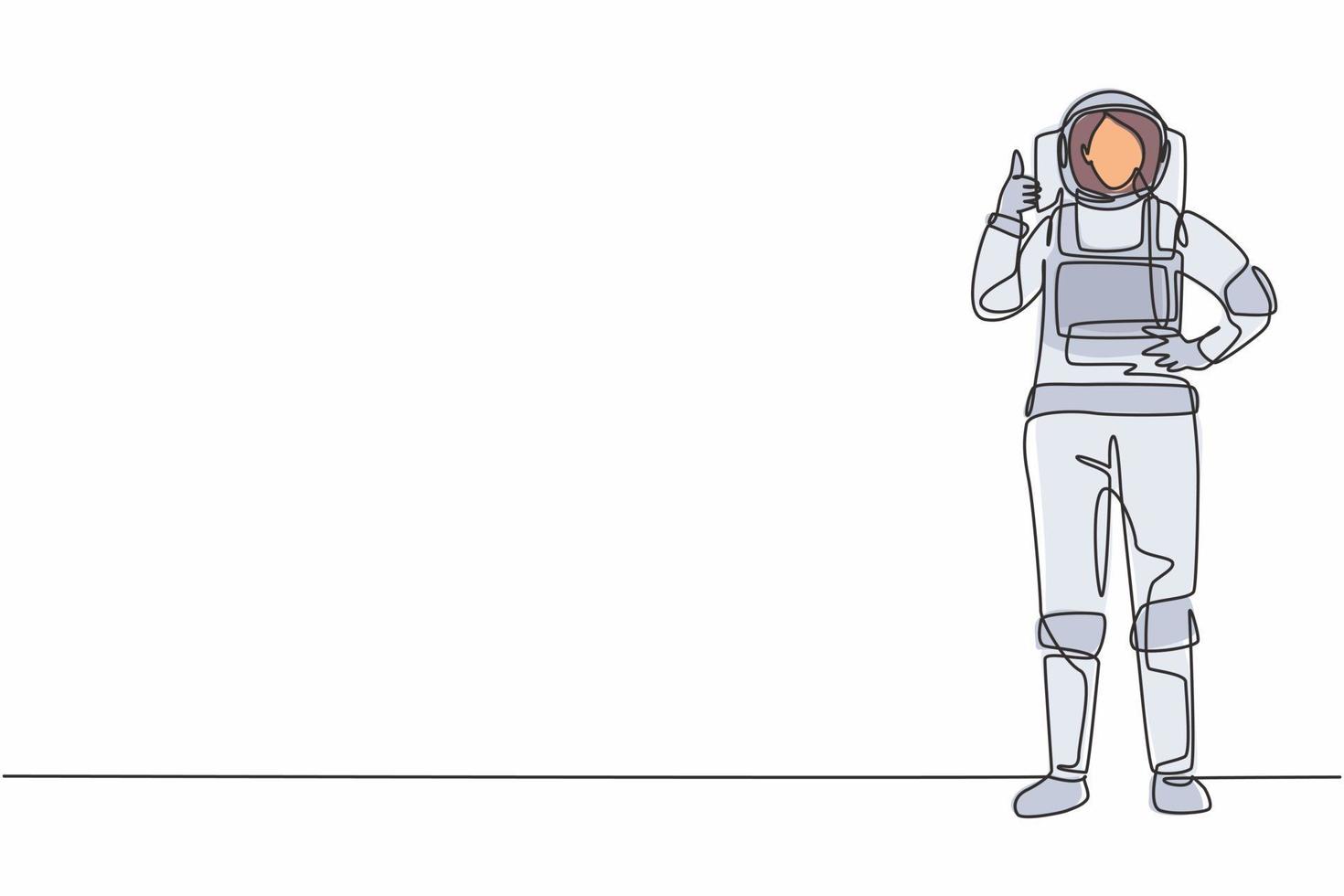 Une seule femme astronaute dessinant une ligne continue se tient debout avec un geste du pouce levé portant une combinaison spatiale explorant la terre, la lune et d'autres planètes de l'univers. une ligne dessiner illustration vectorielle de conception graphique vecteur