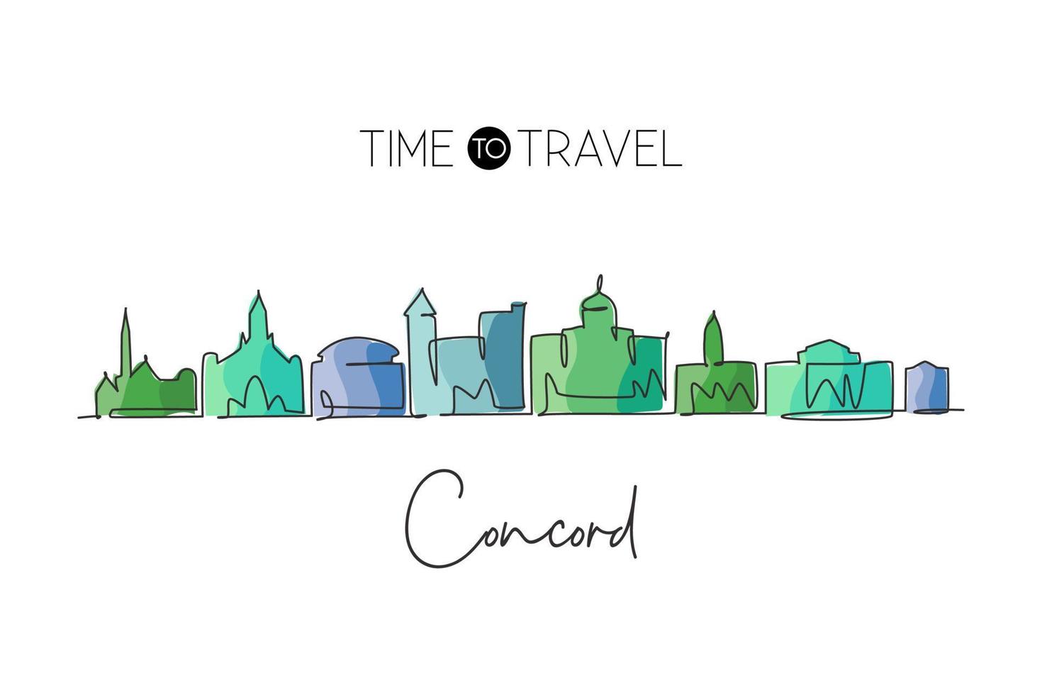 un seul dessin sur les toits de la ville de concord, new hampshire. paysage de ville historique du monde. meilleure carte postale de destination de vacances. trait modifiable tendance ligne continue dessiner illustration vectorielle de conception vecteur