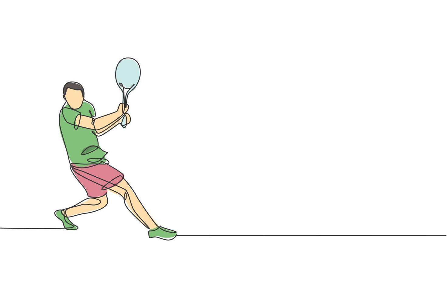 une ligne continue dessinant la défense d'un jeune joueur de tennis heureux et frappant la balle. concept de sport de compétition. graphique d'illustration vectorielle de conception de dessin à une seule ligne dynamique pour l'affiche de promotion de tournoi vecteur
