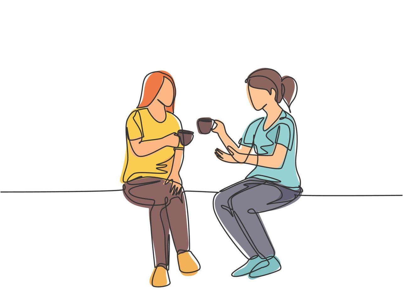 dessin au trait continu unique de deux jeunes travailleuses ayant une conversation informelle autour d'un café pendant la pause au bureau. Avoir une petite conversation au travail concept une ligne dessiner illustration vectorielle de conception graphique vecteur