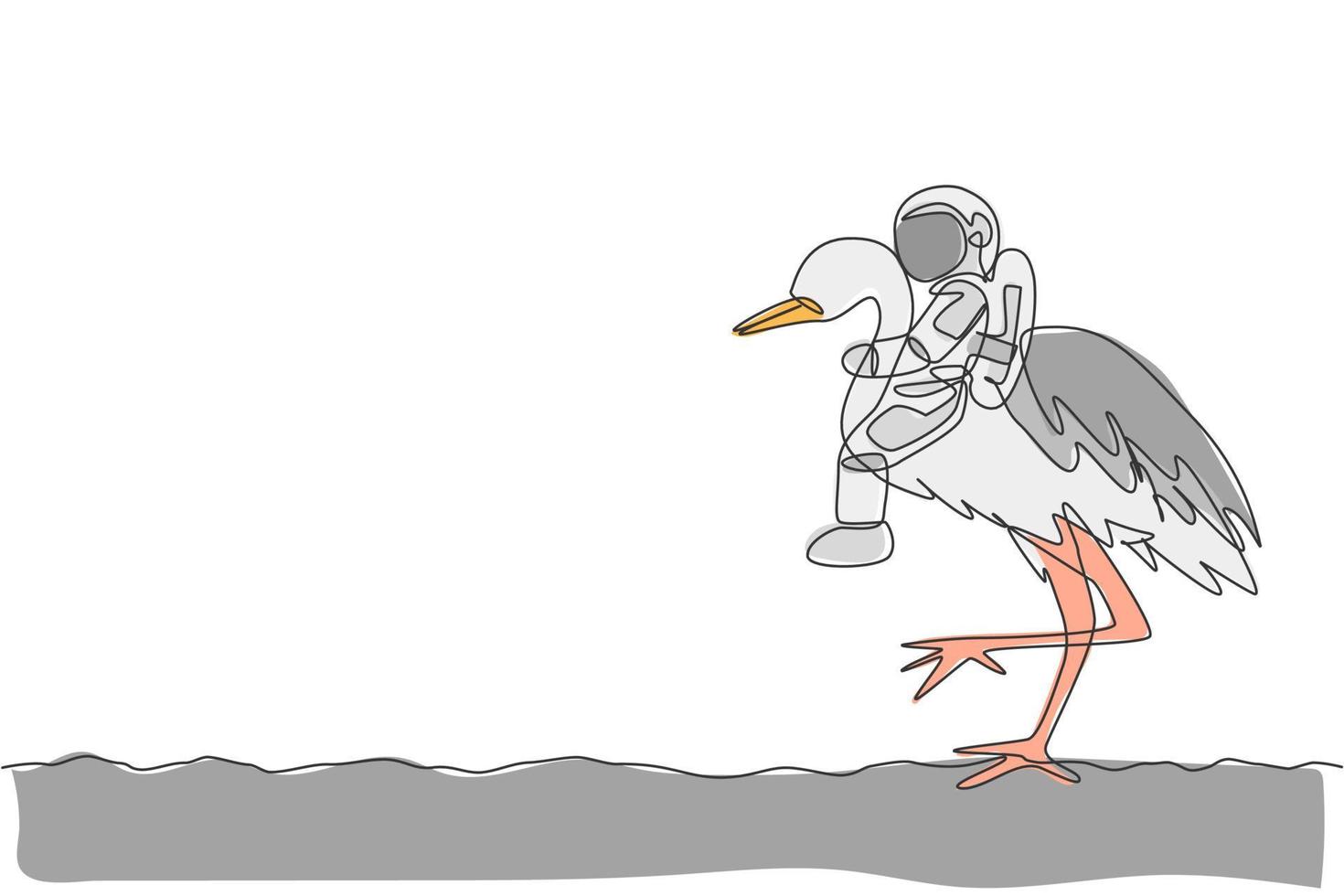 un dessin au trait continu d'un astronaute se promenant sur un oiseau héron, un animal sauvage à la surface de la lune. concept de voyage safari dans l'espace lointain. illustration vectorielle de dessin graphique à une seule ligne dynamique vecteur