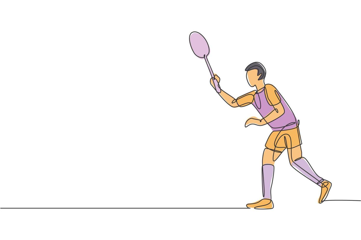 un dessin en ligne continu d'un jeune joueur de badminton prêt à prendre le service adverse. concept d'exercice sportif. illustration vectorielle dynamique de conception de dessin à une seule ligne pour l'affiche de promotion de match de tournoi vecteur