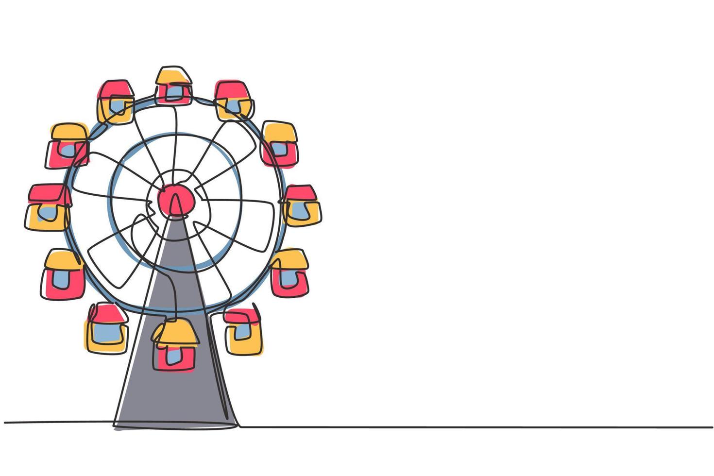 dessin d'une seule ligne d'une grande roue dans un parc d'attractions, un cercle circulaire tournant haut dans le ciel. concept de tour de jeu de festival. illustration vectorielle graphique de conception de ligne continue moderne vecteur