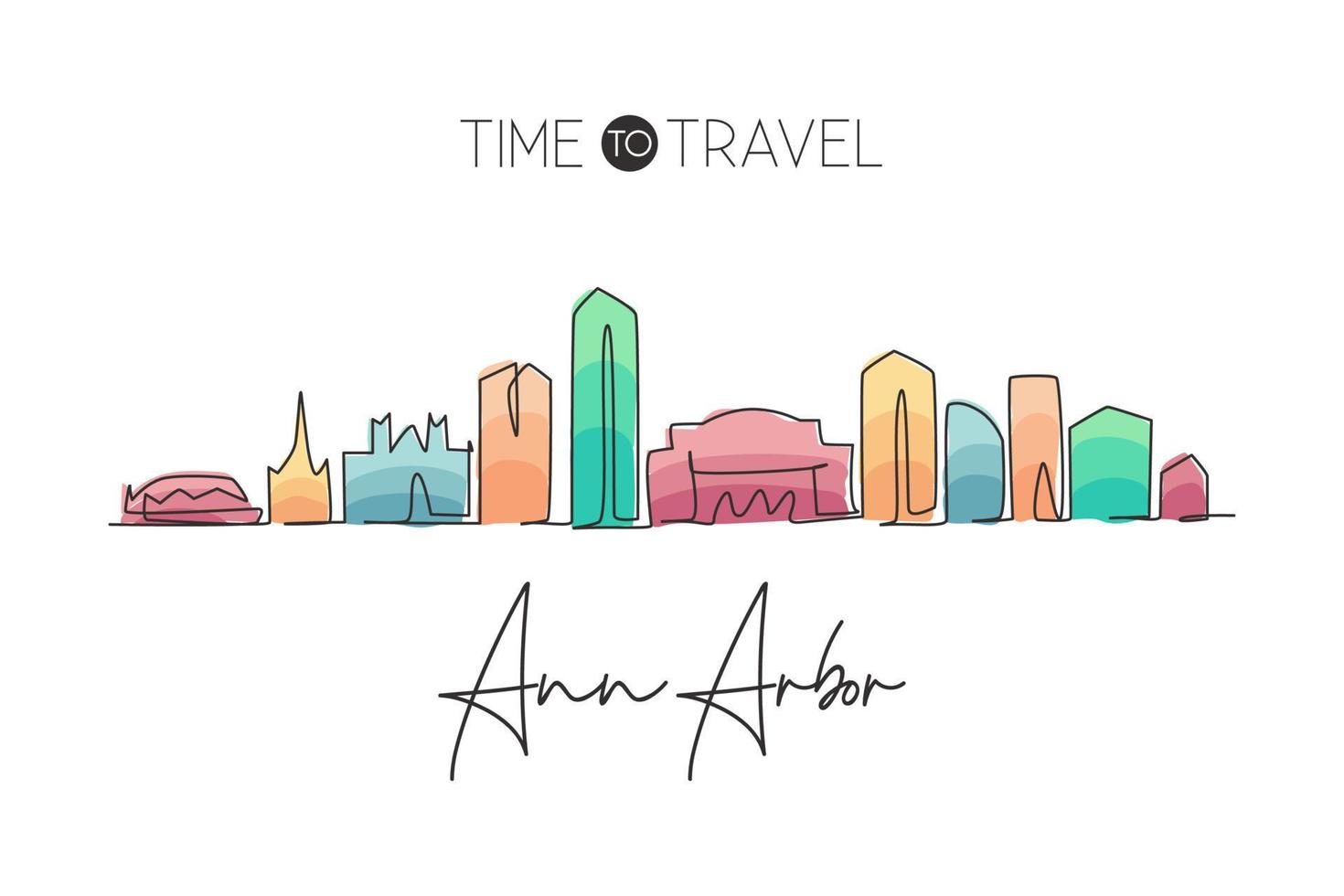 une seule ligne dessinant les toits de la ville d'ann arbor, michigan. carte postale de paysage de ville historique mondiale. meilleure destination de vacances. trait modifiable tendance ligne continue dessiner illustration vectorielle de conception vecteur