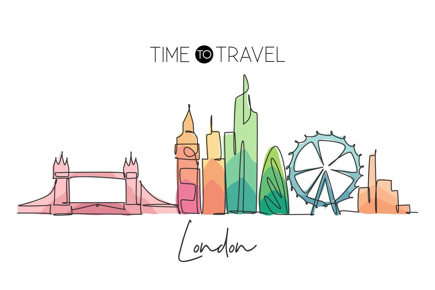 une seule ligne dessinant les toits de la ville de londres. gratte-ciel historique et paysage dans le monde. meilleur concept de décoration murale de maison de vacances de destination de vacances. ligne continue dessin illustration vectorielle de conception vecteur