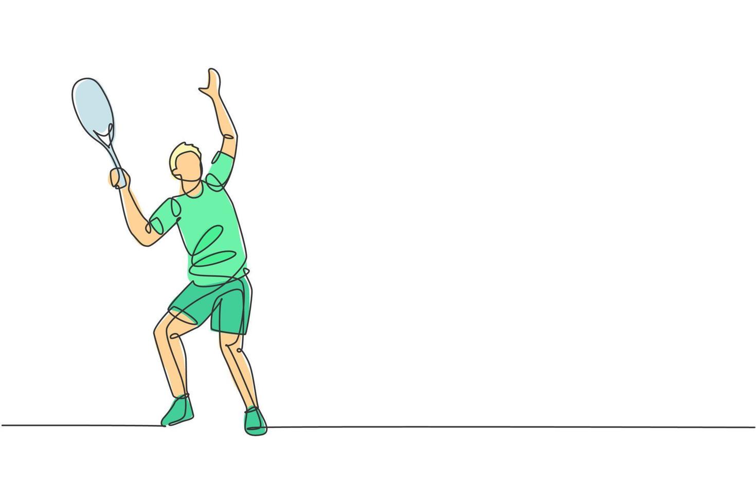 un dessin en ligne continu d'un jeune joueur de tennis heureux se prépare à servir et à frapper la balle. concept de sport de compétition. illustration vectorielle dynamique de conception de dessin à une seule ligne pour l'affiche du tournoi vecteur