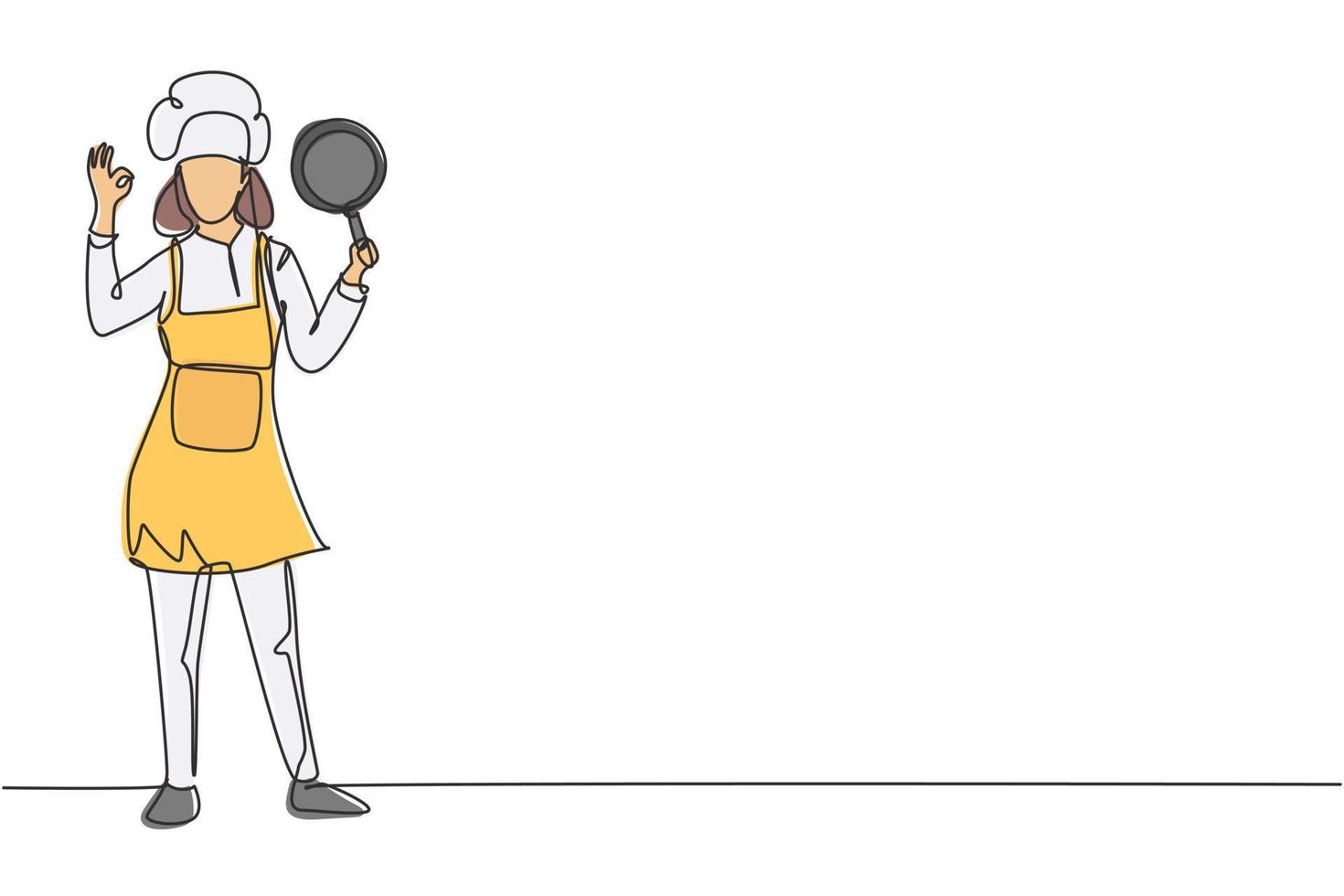 Un seul chef féminin de dessin au trait se tient debout avec un geste d'accord, tenant une casserole et portant un tablier prépare les ingrédients pour cuisiner les meilleurs plats. illustration vectorielle graphique de conception de ligne continue moderne vecteur