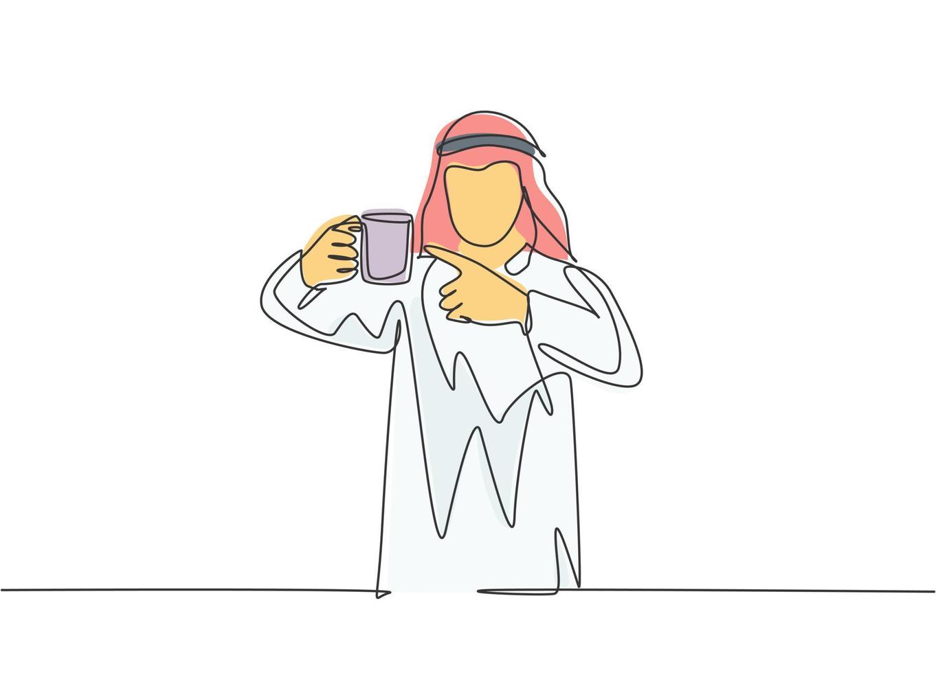 dessin au trait continu unique d'un jeune employé de bureau musulman pointant le doigt vers une tasse de café. tissu masculin arabe moyen-orient shmagh, kandura, thawb, robe. illustration de conception de dessin d'une ligne vecteur