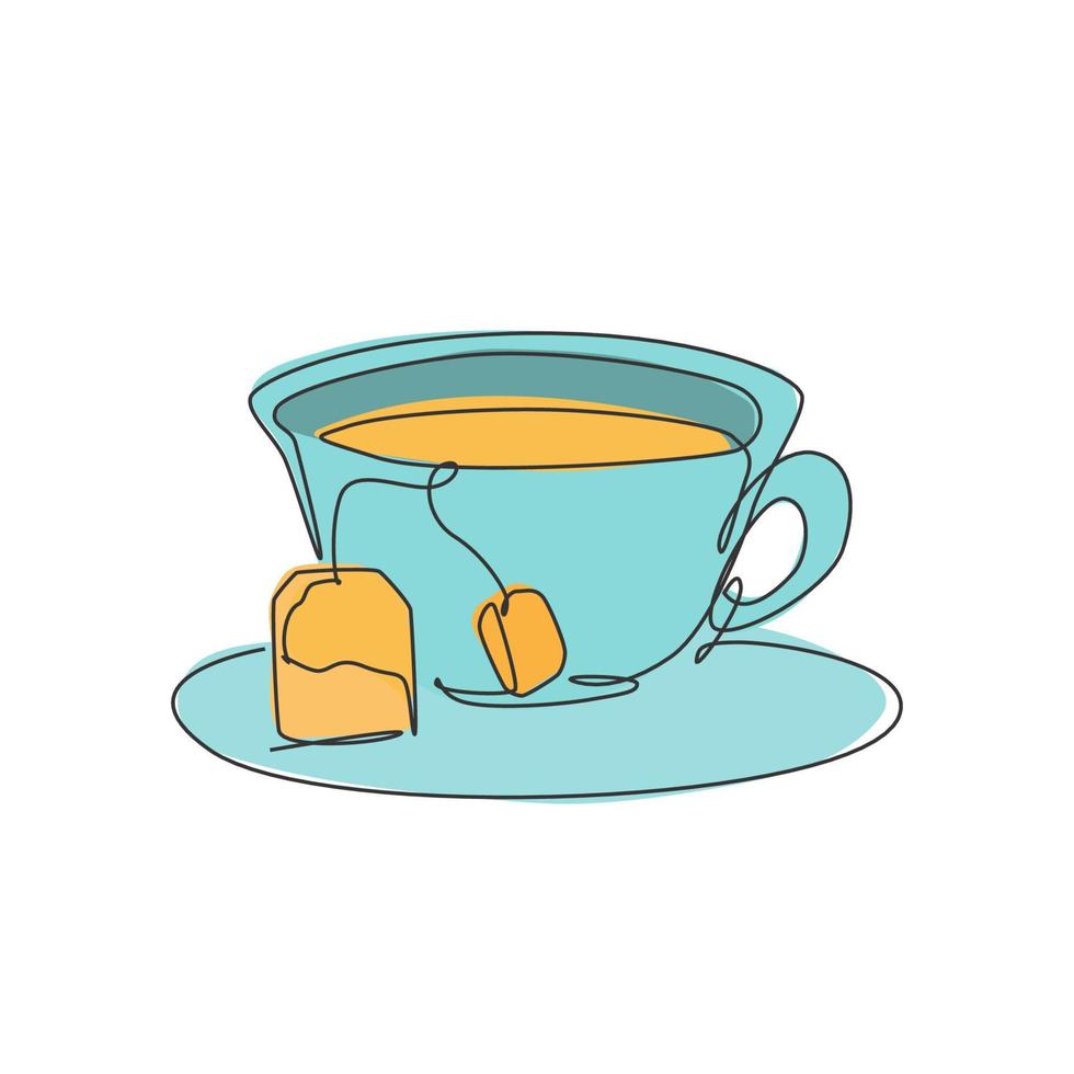 une ligne continue dessinant une tasse de thé en verre frais et chaud pour l'emblème du logo du magasin de thé. thé avec concept de modèle de logo de sachet de thé et de caboteur de boisson. illustration vectorielle graphique de conception de dessin à une seule ligne moderne vecteur