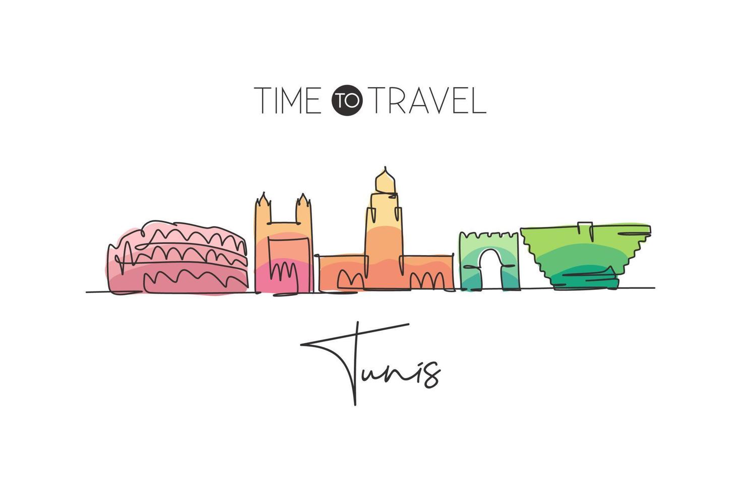 une seule ligne dessinant les toits de la ville de tunis, tunisie. paysage de la ville historique dans la carte postale du monde. meilleure destination de vacances. trait modifiable ligne continue à la mode dessin illustration d'art vectoriel