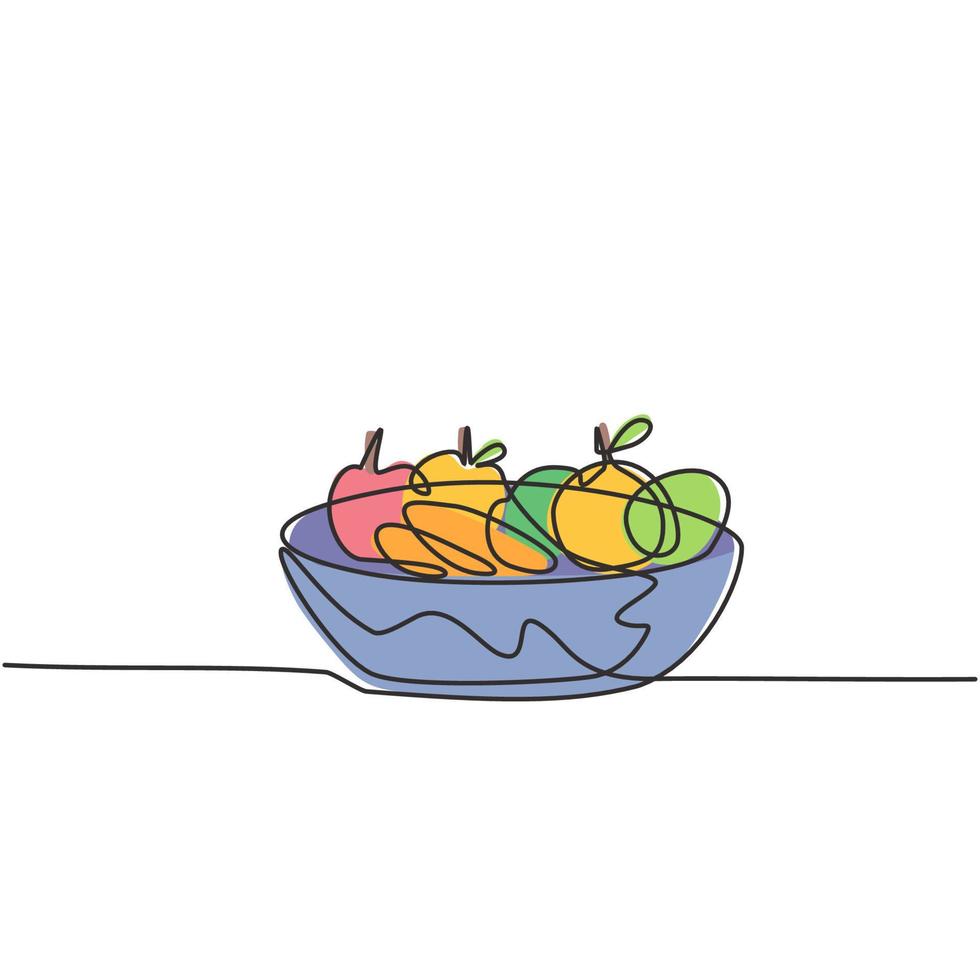 dessin d'une seule ligne d'un panier rempli de fruits tels que des oranges, des pommes, des poires. les aliments sains contiennent des vitamines dont le corps a besoin. ligne continue moderne dessiner illustration vectorielle graphique de conception. vecteur