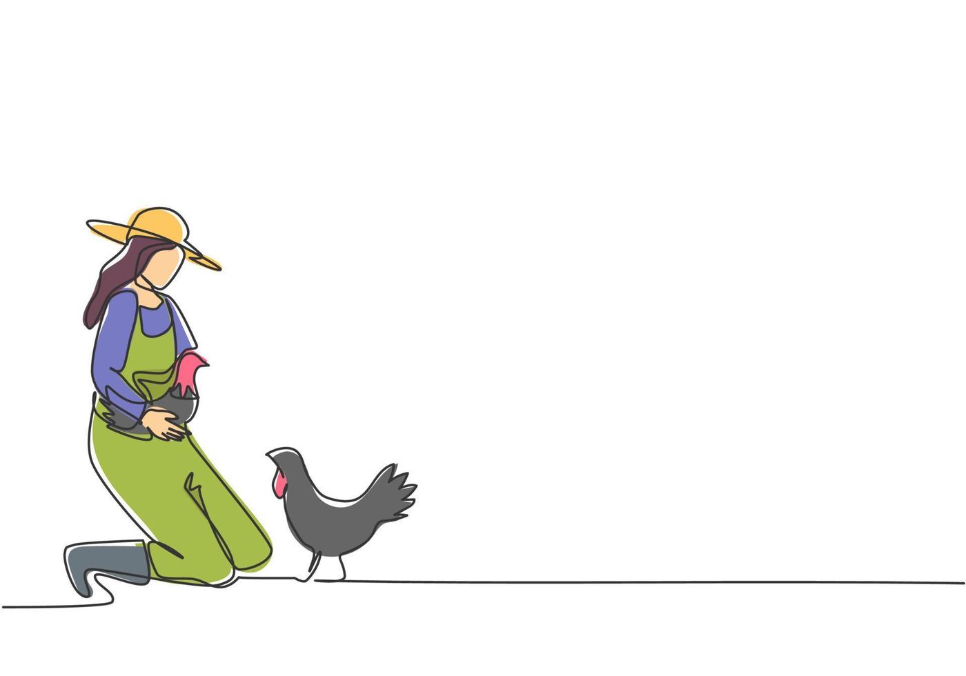 dessin continu d'une ligne une jeune agricultrice s'agenouilla pour ramasser le poulet. pour retourner au poulailler. concept minimaliste d'agriculture réussie. illustration graphique de vecteur de conception de dessin à une seule ligne.