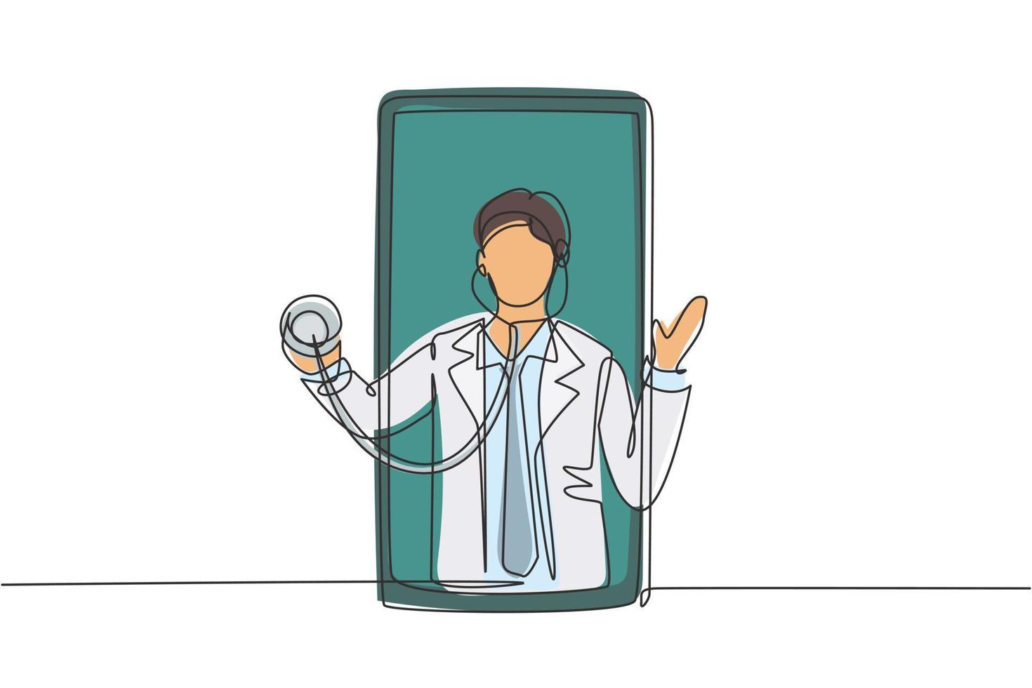 un médecin de sexe masculin en continu sort de l'écran du smartphone tenant un stéthoscope. services médicaux en ligne, concept de consultation médicale. illustration graphique de vecteur de conception de dessin à une seule ligne