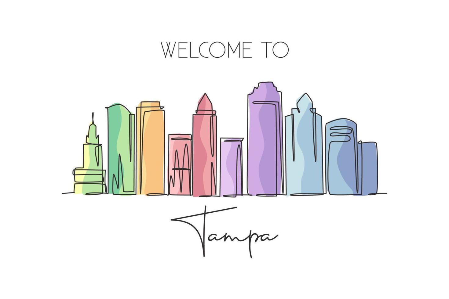 dessin en ligne continue unique de l'horizon de la ville de tampa, états-unis. célèbre grattoir et paysage de la ville. monde voyage concept maison décoration murale affiche impression art. illustration vectorielle de dessin à une ligne moderne vecteur